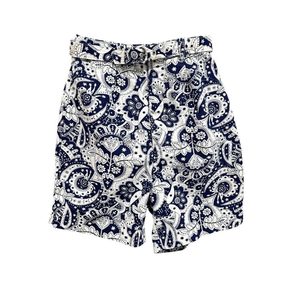 Grants Wash n Wear Women's Vintage 1960s Blue Floral Print Shorts Belt Japan